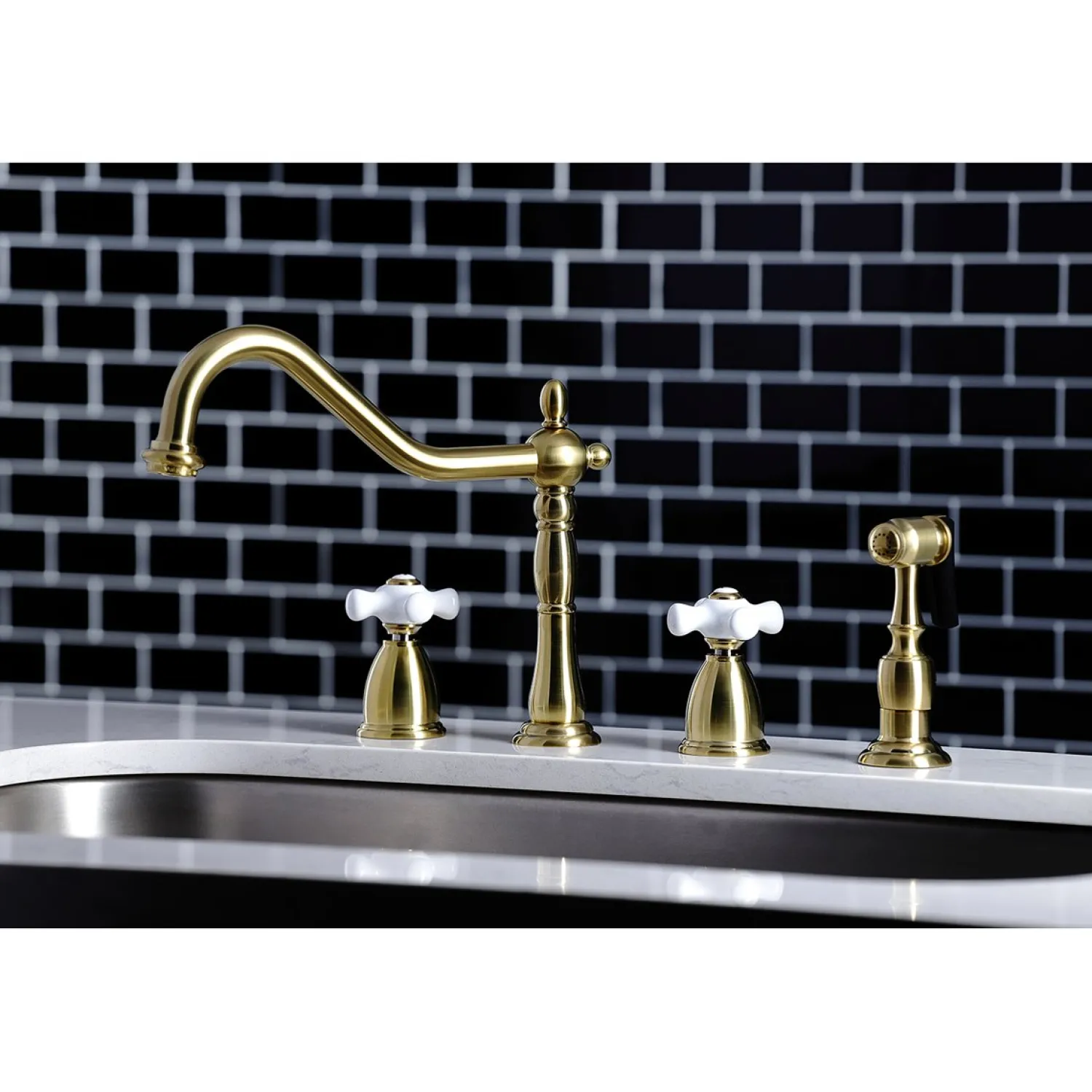 New Heritage 4-Hole Widespread Kitchen Faucet with Brass Sprayer Widespread Kitchen Faucets|Faucets With Side Spray