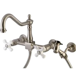 Outlet Heritage 3-Hole 8" Wall Mount Kitchen Faucet with Brass Sprayer Wall Mounted Kitchen Faucets