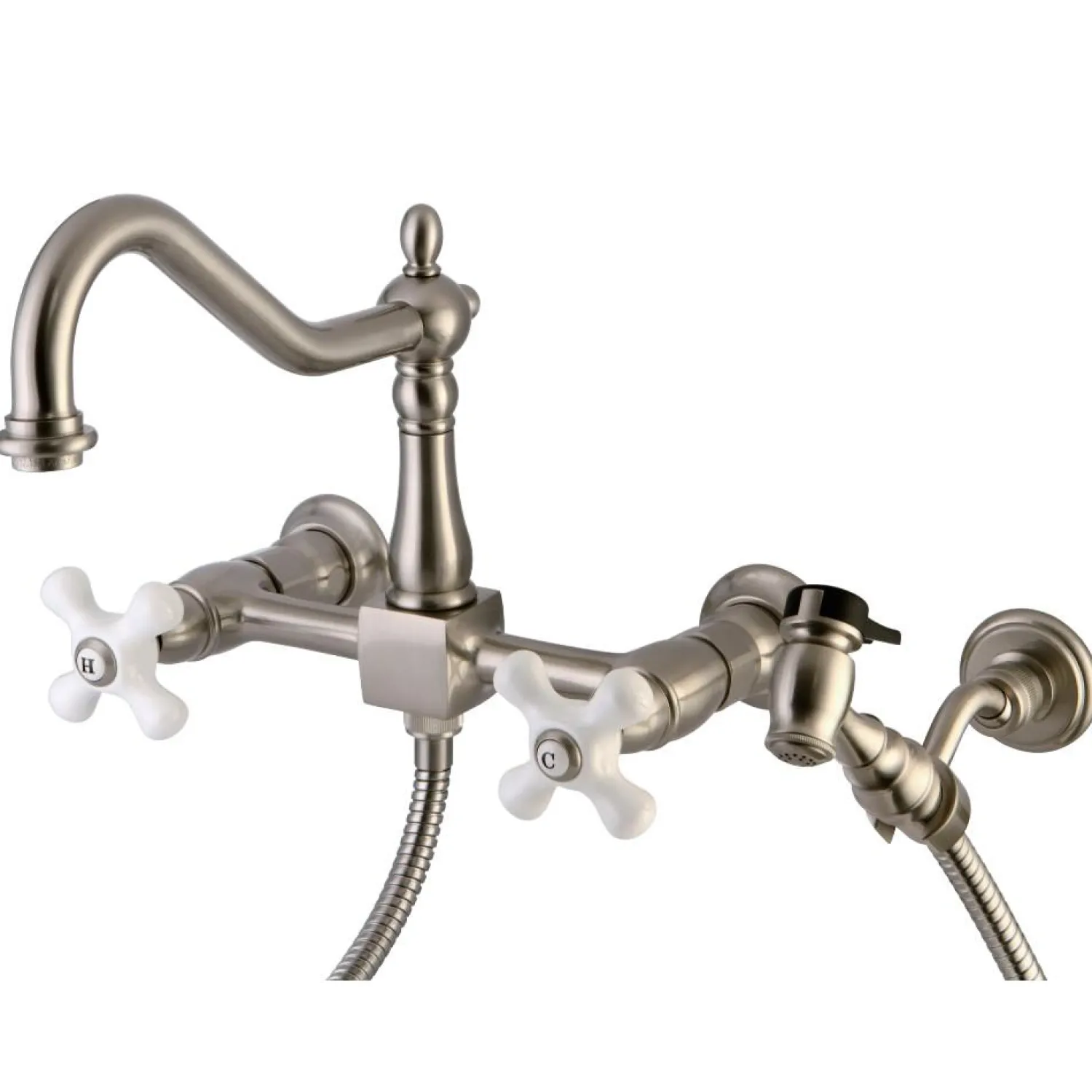 Outlet Heritage 3-Hole 8" Wall Mount Kitchen Faucet with Brass Sprayer Wall Mounted Kitchen Faucets