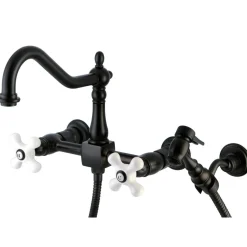 Outlet Heritage 3-Hole 8" Wall Mount Kitchen Faucet with Brass Sprayer Wall Mounted Kitchen Faucets