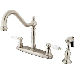 Online Heritage Lever Handle 8" Center Kitchen Faucet with Brass Sprayer Widespread Kitchen Faucets