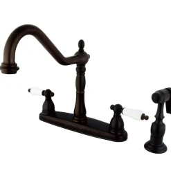 Online Heritage Lever Handle 8" Center Kitchen Faucet with Brass Sprayer Widespread Kitchen Faucets