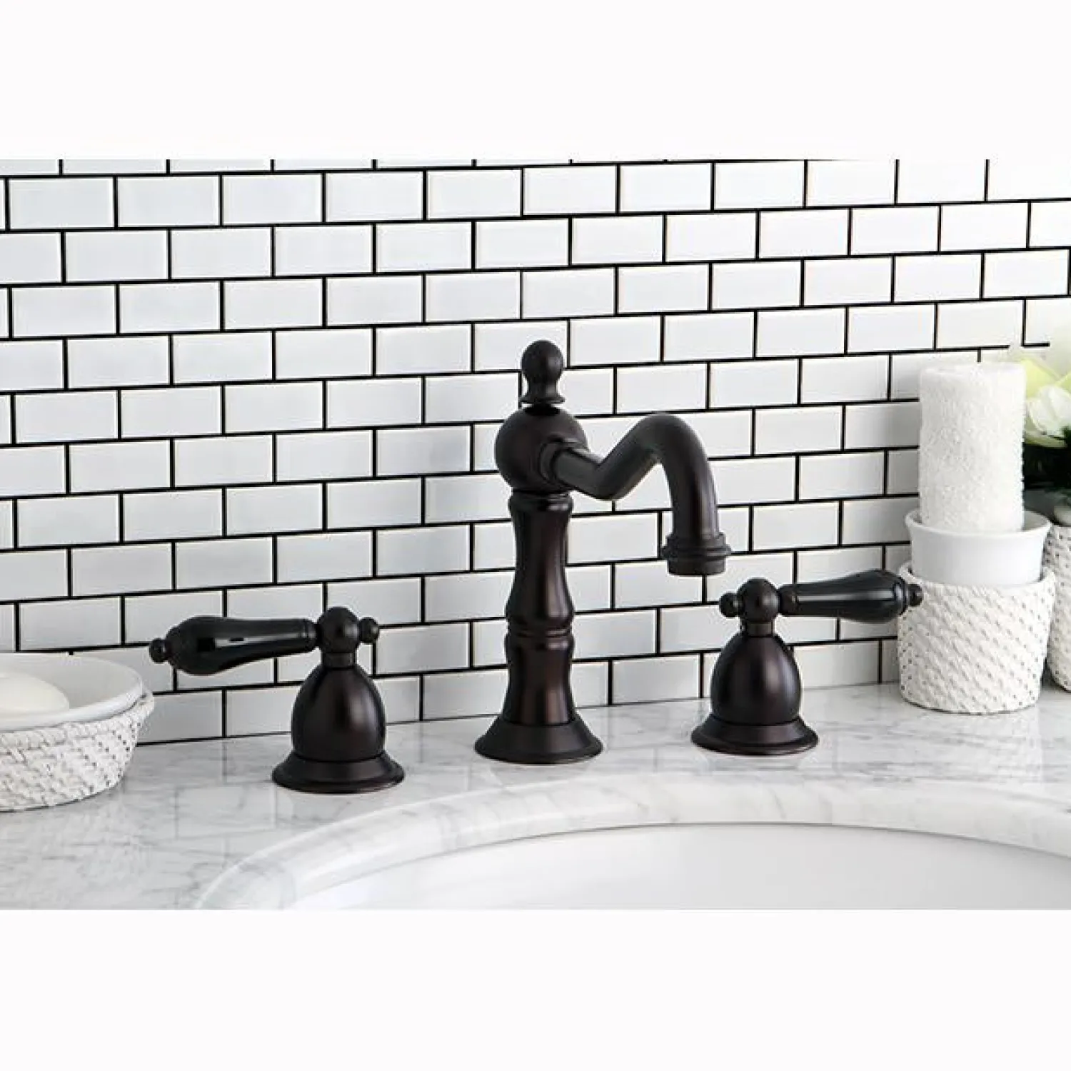Clearance Heritage Onyx Traditional Widespread Lavatory Faucet with Black Porcelain Lever Handle 8" Widespread