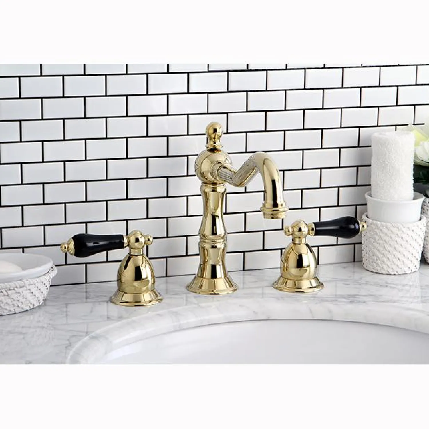 Clearance Heritage Onyx Traditional Widespread Lavatory Faucet with Black Porcelain Lever Handle 8" Widespread