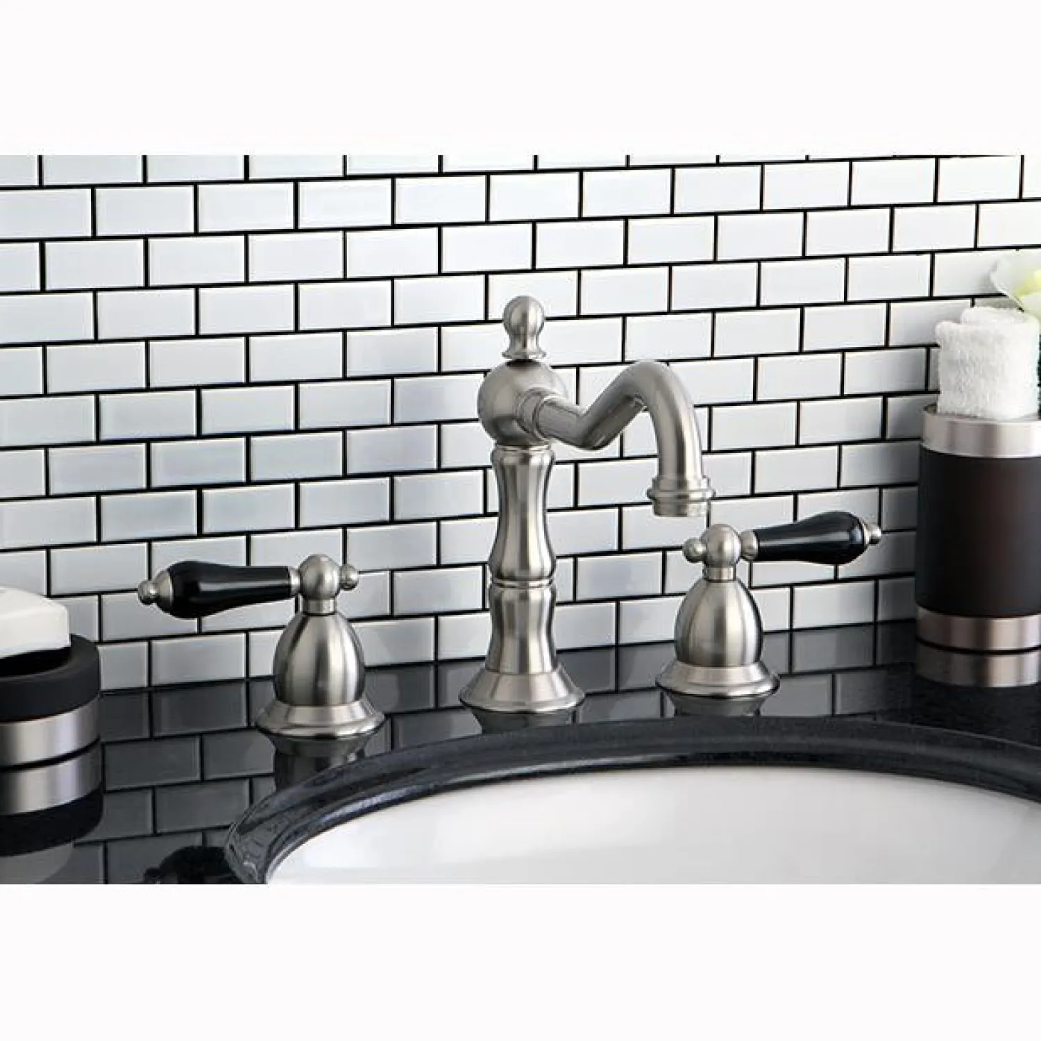 Clearance Heritage Onyx Traditional Widespread Lavatory Faucet with Black Porcelain Lever Handle 8" Widespread