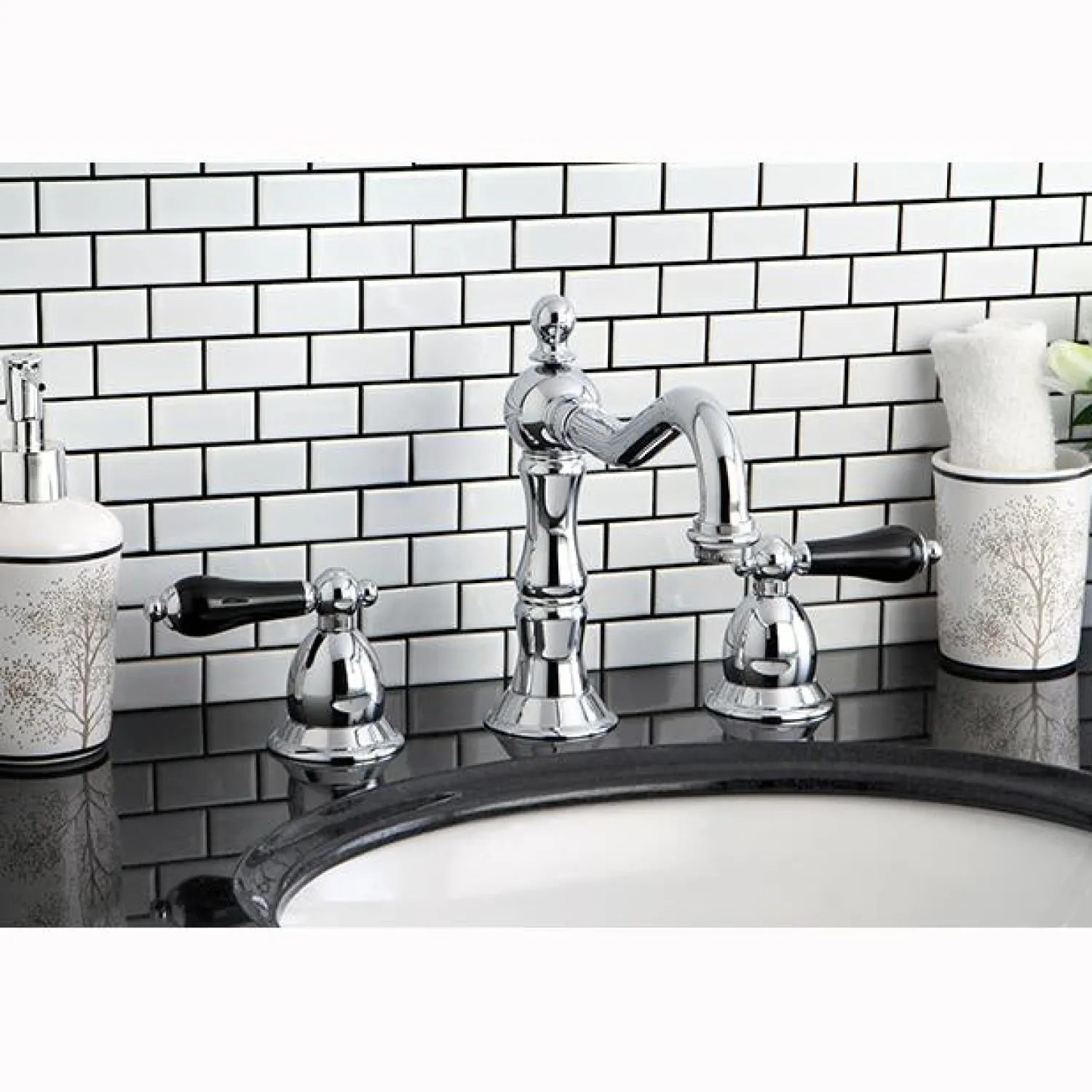 Clearance Heritage Onyx Traditional Widespread Lavatory Faucet with Black Porcelain Lever Handle 8" Widespread