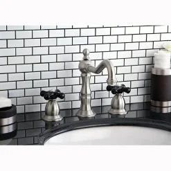 New Heritage Onyx Widespread Solid Brass Lavatory Faucet with Black Porcelain Cross Handle 8