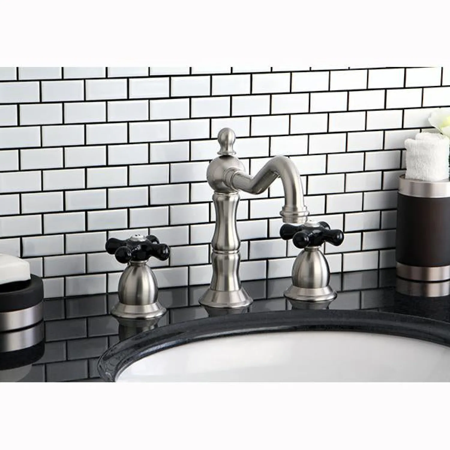 New Heritage Onyx Widespread Solid Brass Lavatory Faucet with Black Porcelain Cross Handle 8" Widespread
