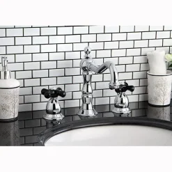 New Heritage Onyx Widespread Solid Brass Lavatory Faucet with Black Porcelain Cross Handle 8
