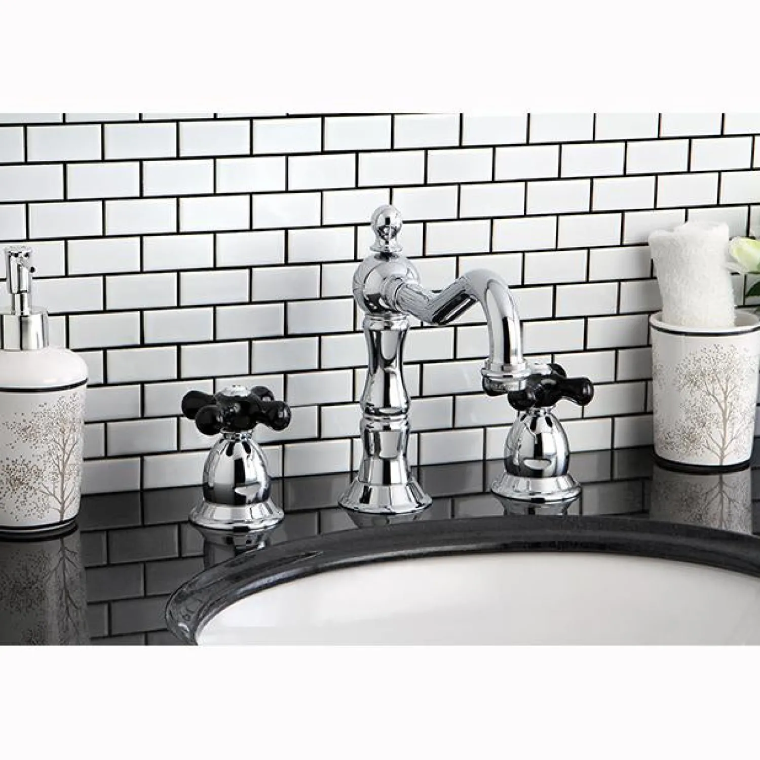 New Heritage Onyx Widespread Solid Brass Lavatory Faucet with Black Porcelain Cross Handle 8" Widespread