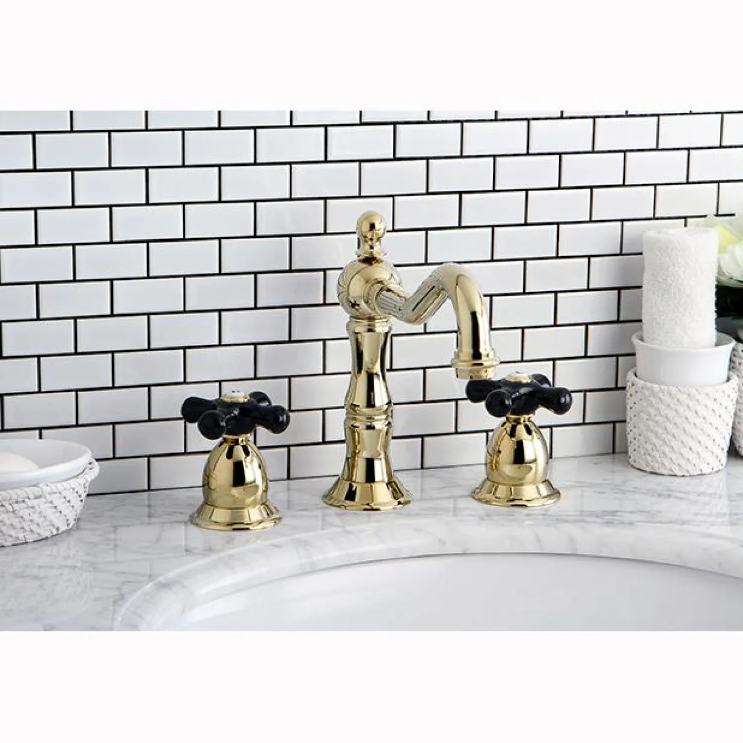 New Heritage Onyx Widespread Solid Brass Lavatory Faucet with Black Porcelain Cross Handle 8" Widespread