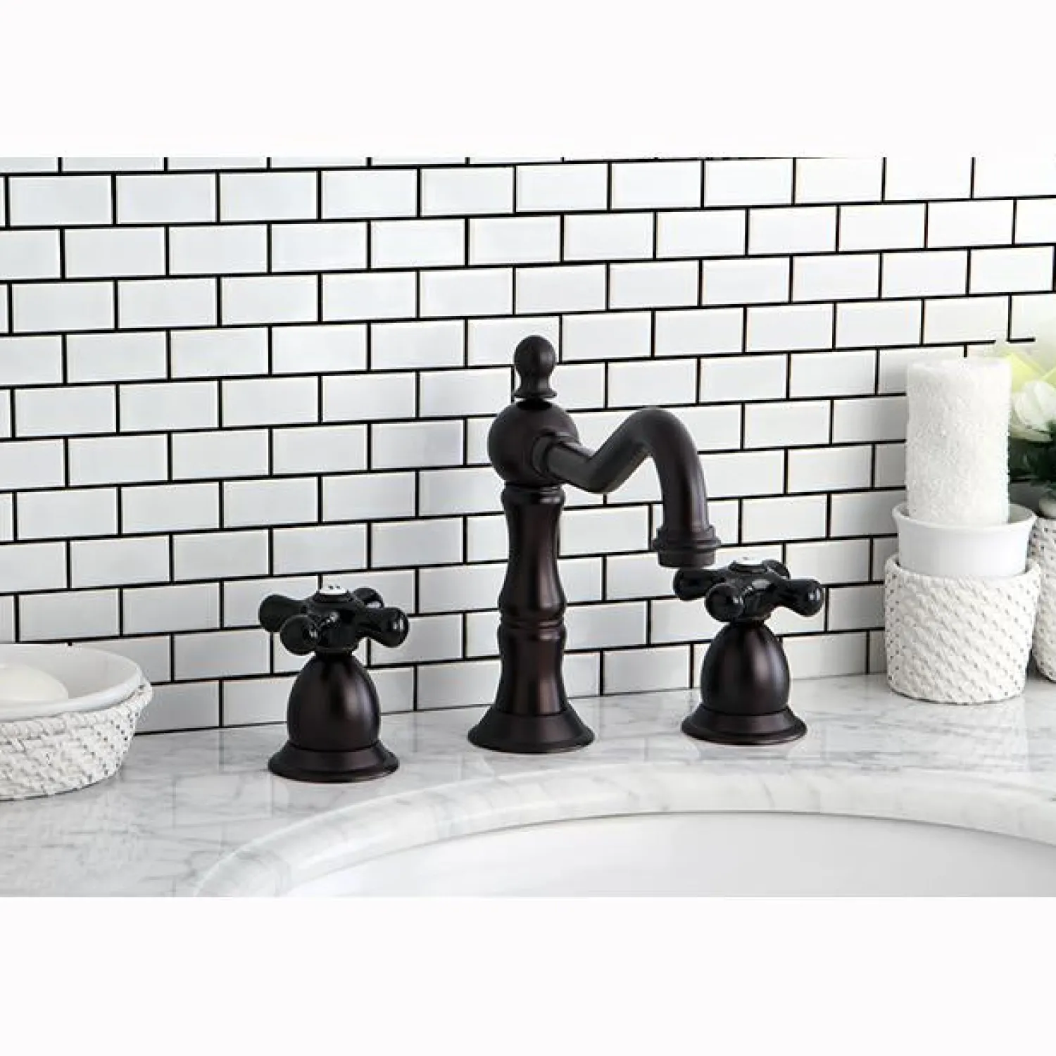 New Heritage Onyx Widespread Solid Brass Lavatory Faucet with Black Porcelain Cross Handle 8" Widespread