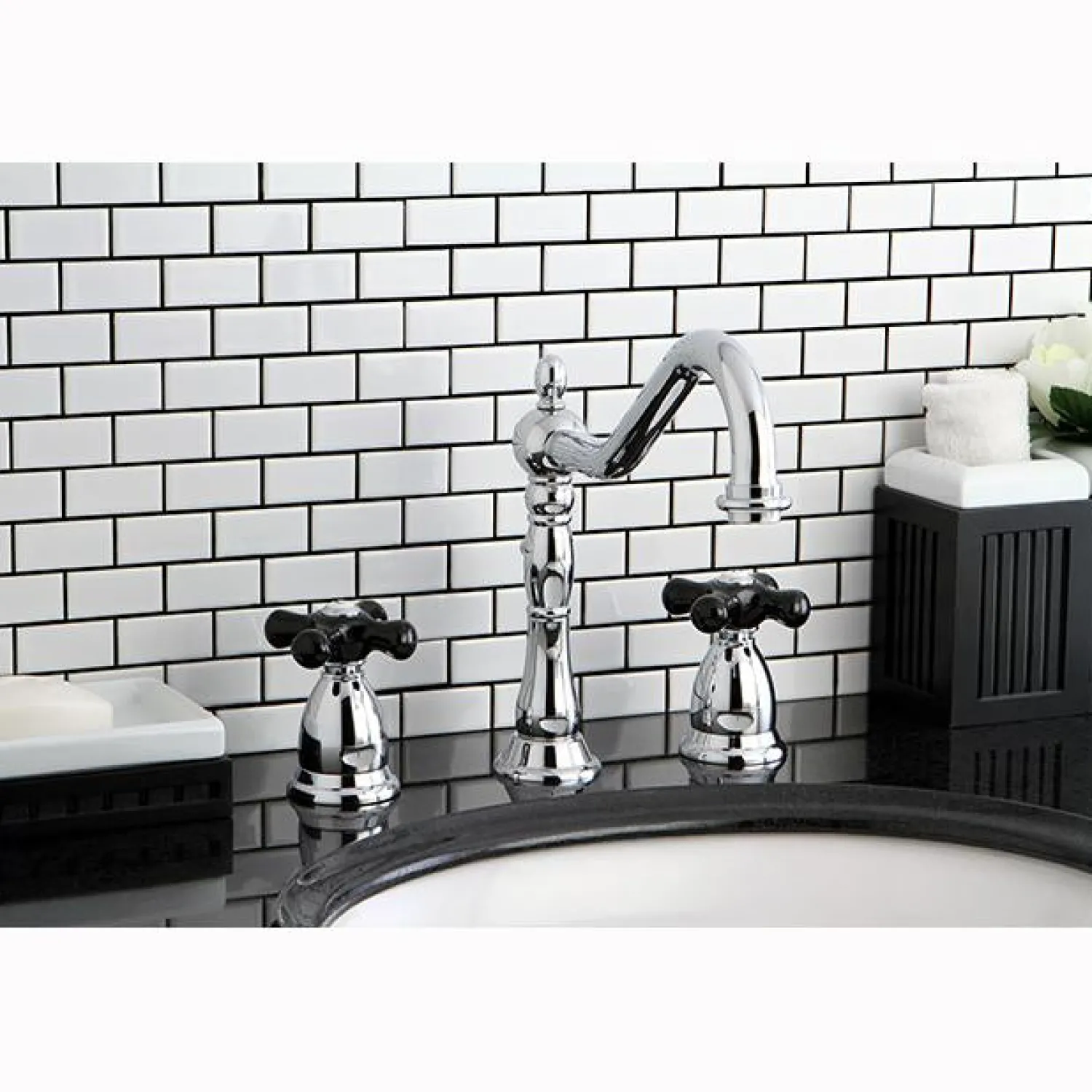 Online Heritage Onyx Widespread Lavatory Faucet with Black Porcelain Cross Handle 8" Widespread