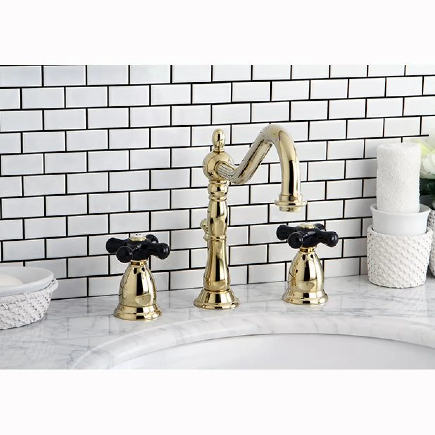 Online Heritage Onyx Widespread Lavatory Faucet with Black Porcelain Cross Handle 8" Widespread