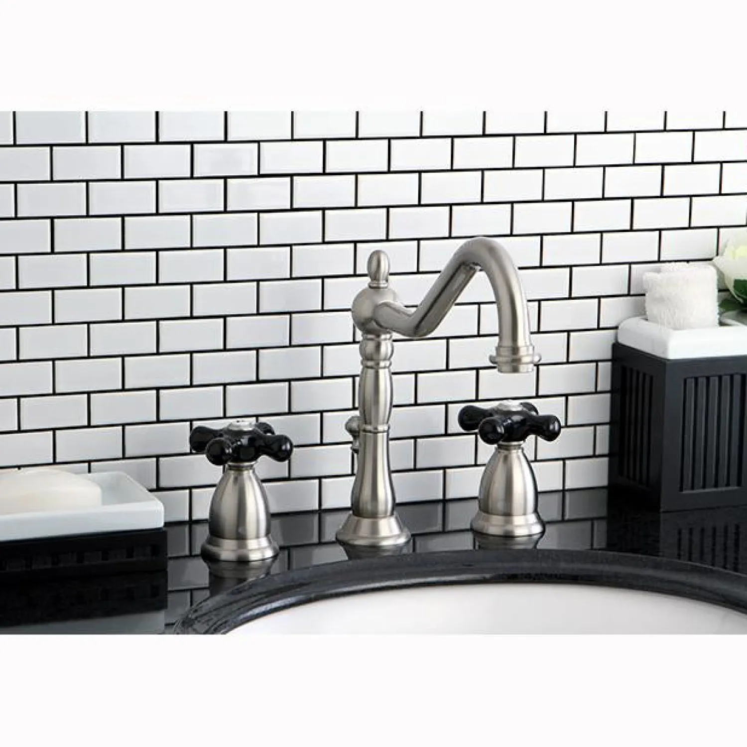 Online Heritage Onyx Widespread Lavatory Faucet with Black Porcelain Cross Handle 8" Widespread