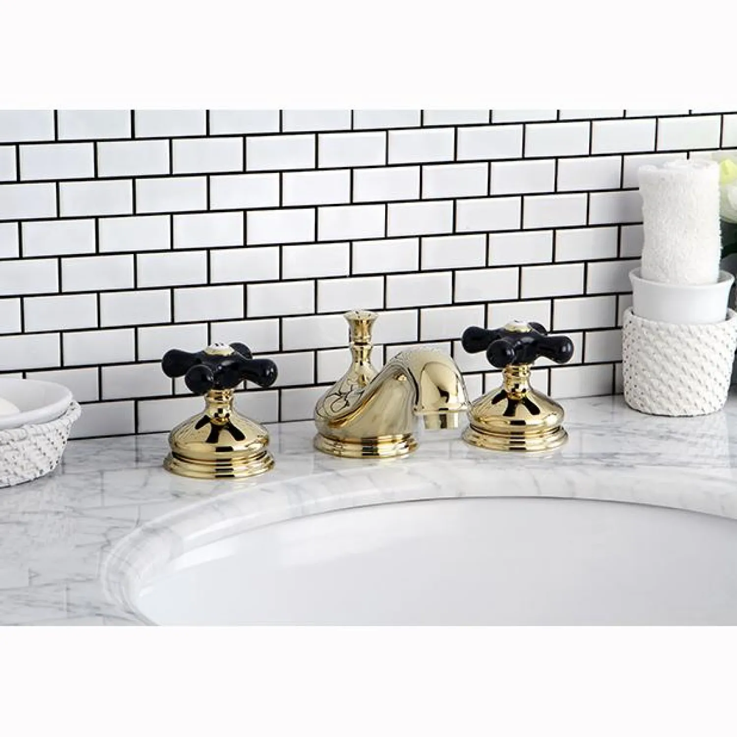 New Heritage Onyx Traditional Widespread Lavatory Faucet with Black Porcelain Cross Handle 8" Widespread