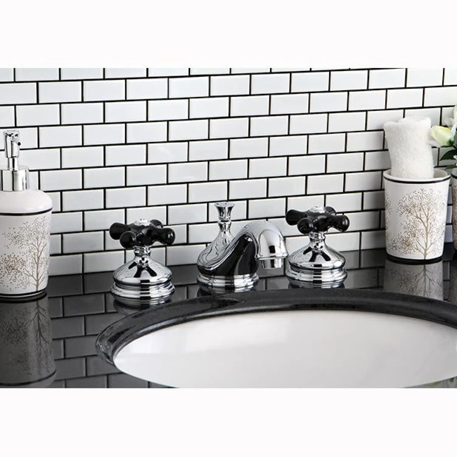 New Heritage Onyx Traditional Widespread Lavatory Faucet with Black Porcelain Cross Handle 8" Widespread