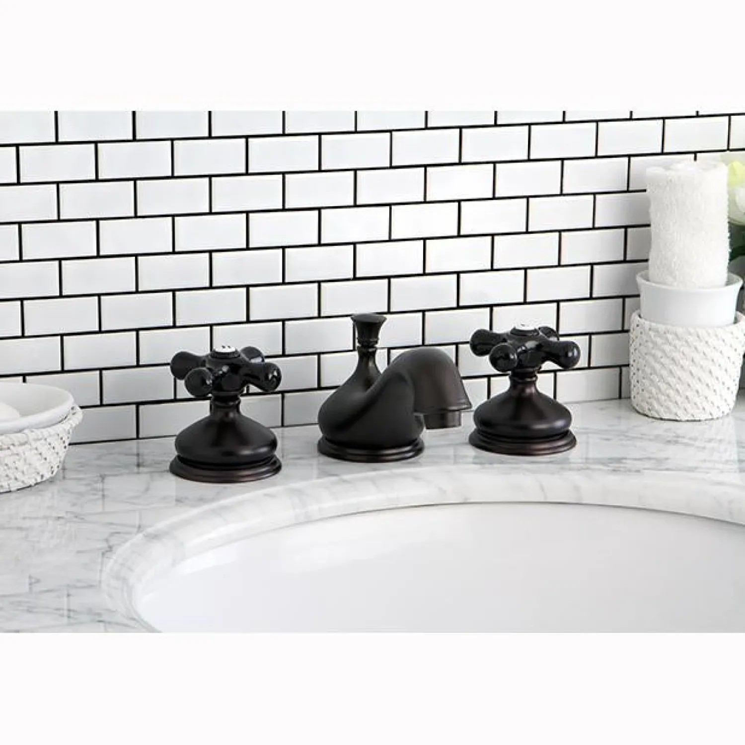 New Heritage Onyx Traditional Widespread Lavatory Faucet with Black Porcelain Cross Handle 8" Widespread