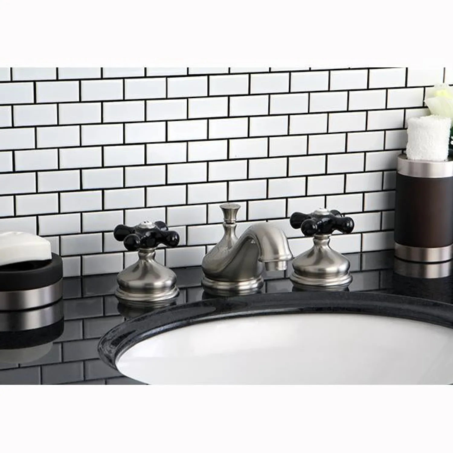 New Heritage Onyx Traditional Widespread Lavatory Faucet with Black Porcelain Cross Handle 8" Widespread
