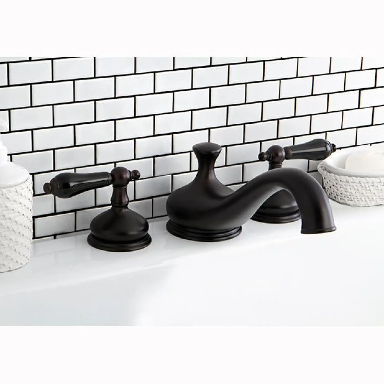 Heritage Onyx Roman Tub Filler with Black Porcelain Lever Handle Tub Faucets