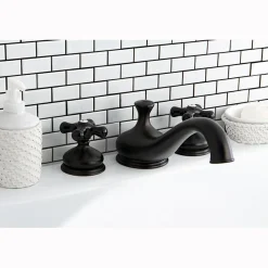 Online Heritage Onyx Roman Tub Filler with Black Porcelain Cross Handle Tub Faucets
