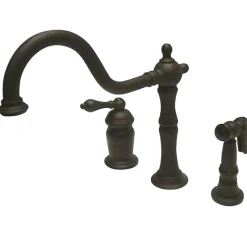 New Heritage Single Handle Deck Mount Widespread Kitchen Faucet with Brass Sprayer Widespread Kitchen Faucets