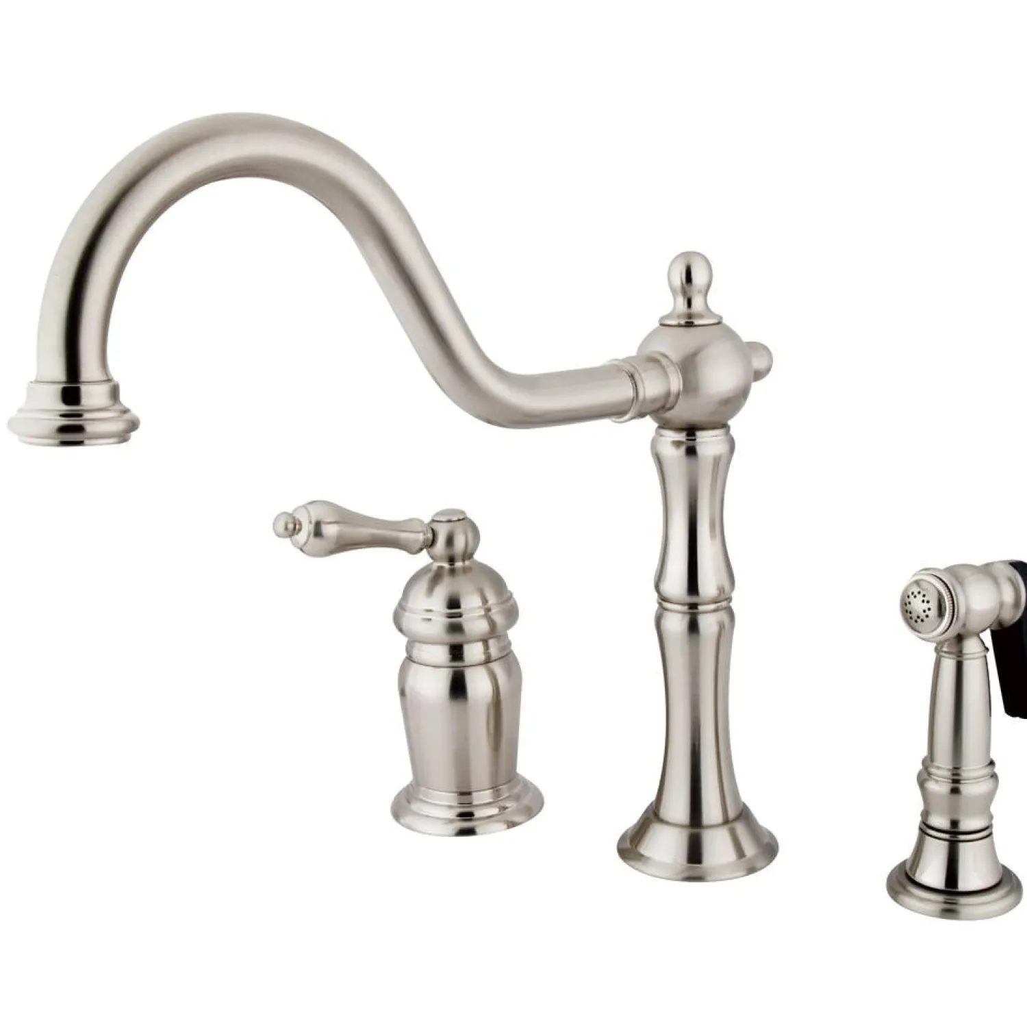 New Heritage Single Handle Deck Mount Widespread Kitchen Faucet with Brass Sprayer Widespread Kitchen Faucets