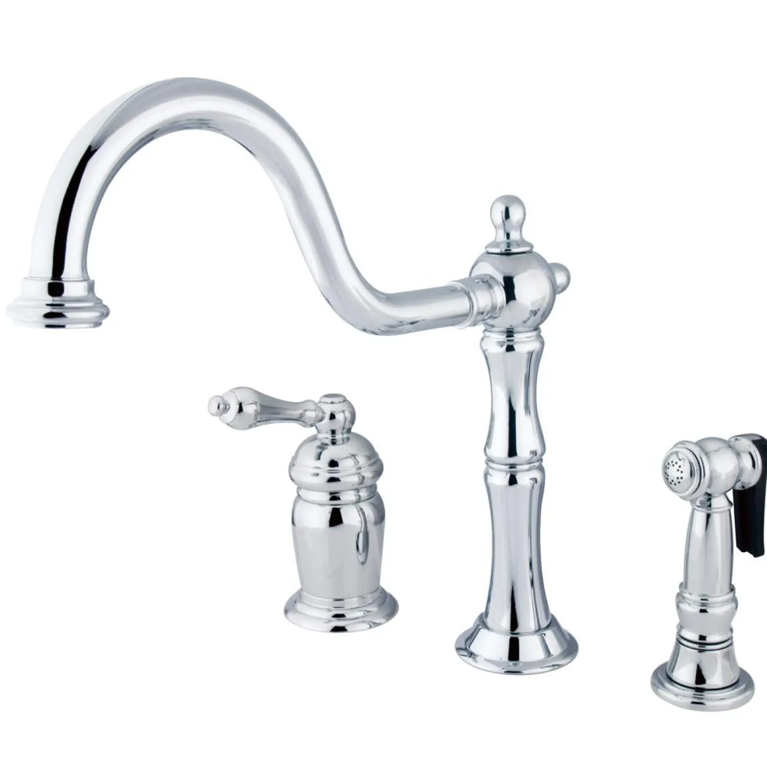 New Heritage Single Handle Deck Mount Widespread Kitchen Faucet with Brass Sprayer Widespread Kitchen Faucets