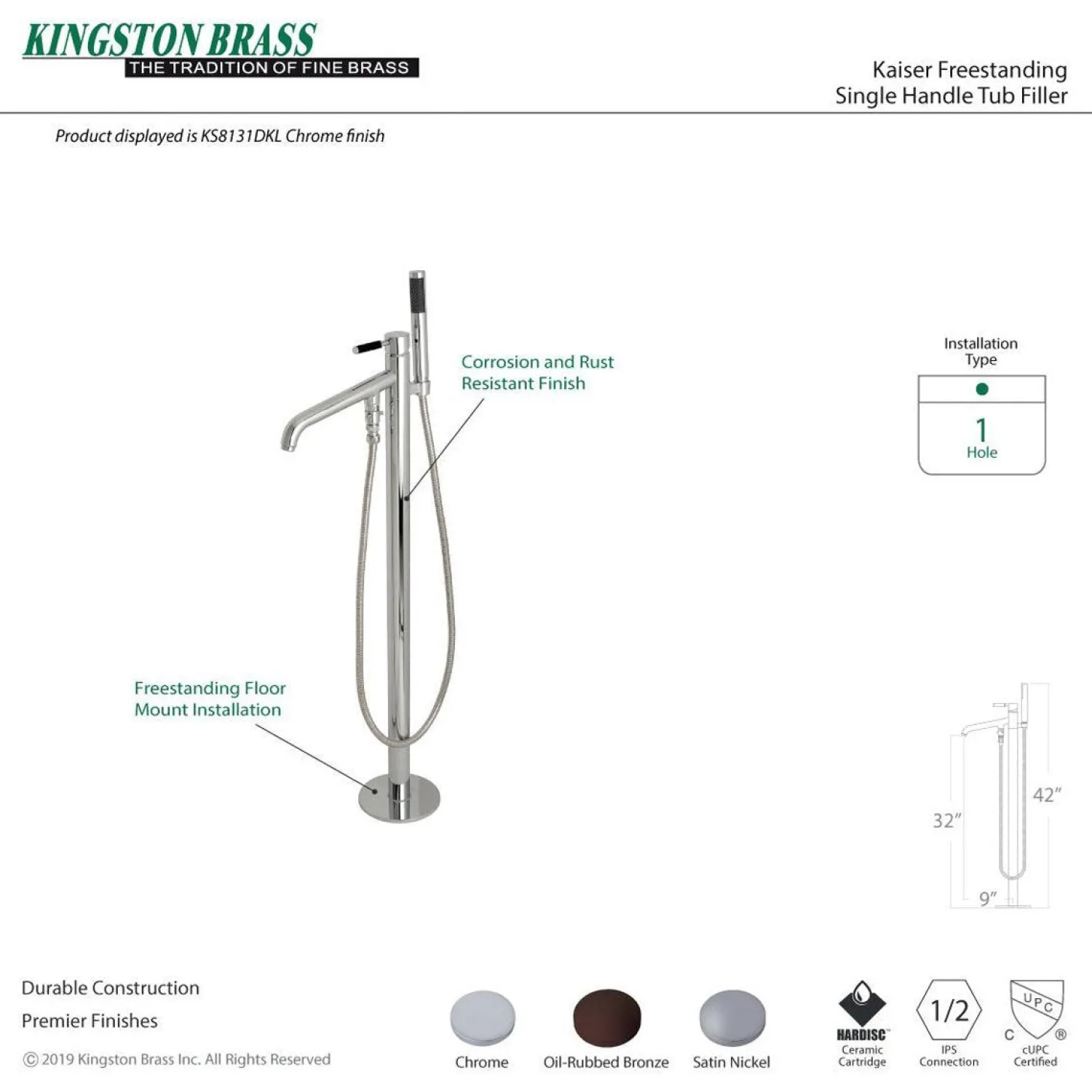 Outlet Kaiser Single Hole Single Handle Freestanding Tub Faucet with Hand Shower Free Standing Tub Fillers|Tub Faucets