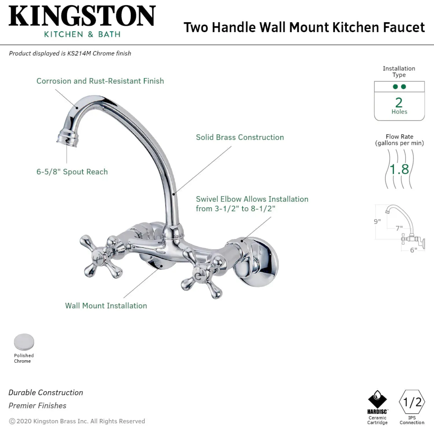 Online Kingston 6" Adjustable Center Wall Mount Kitchen Faucet in Polished Chrome Wall Mounted Kitchen Faucets