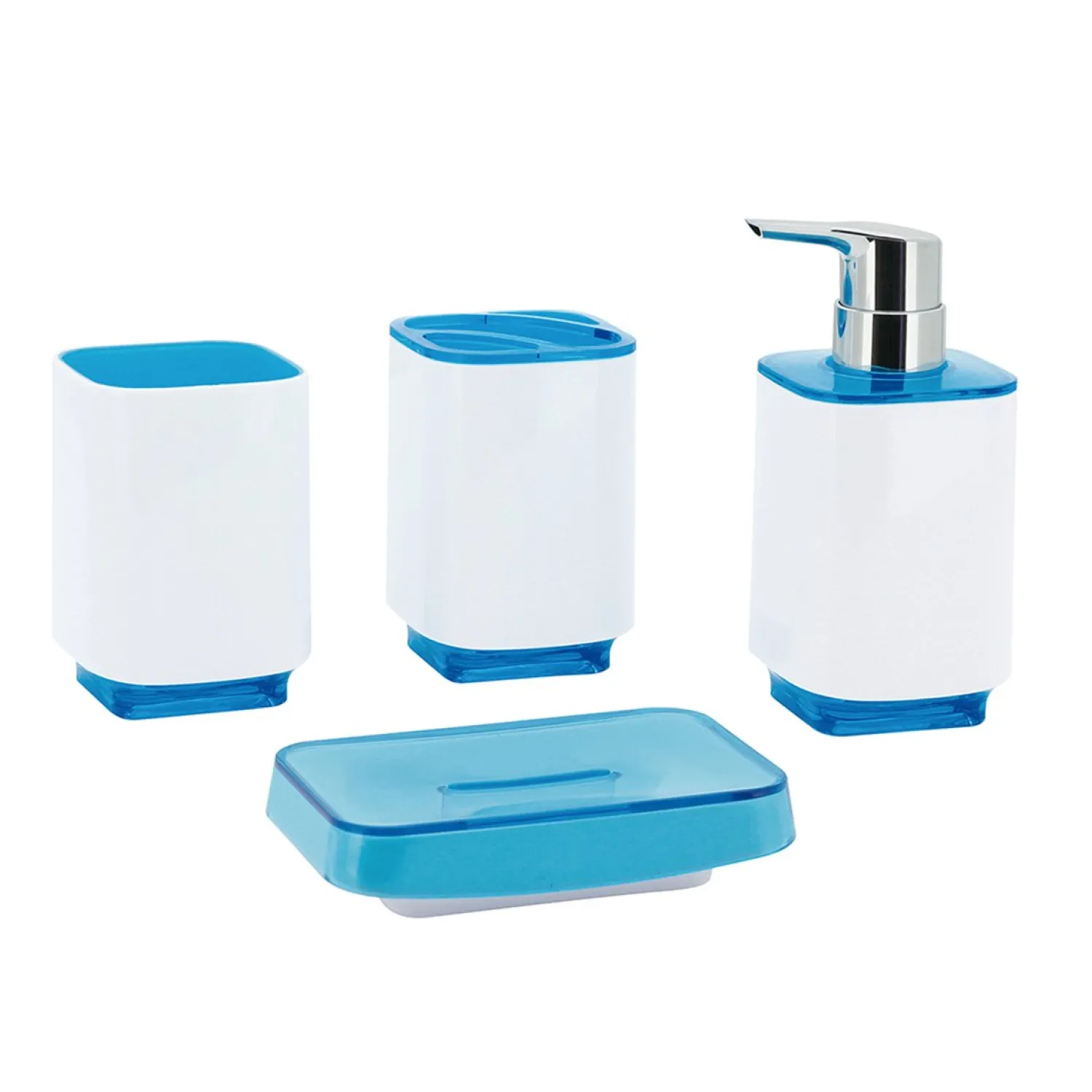 Hot Krystal Bathware CBAK5202WB Cayman 4-Piece Bath Accessory Set in White with Blue Soap Dishes & Dispensers|Toothbrush Holders & Tumblers