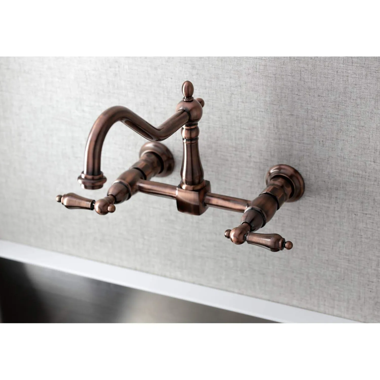 Outlet KS124ALAC Heritage Two-Handle Wall Mount Bridge Kitchen Faucet, Antique Copper Wall Mounted Kitchen Faucets