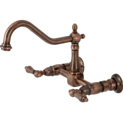 Outlet KS124ALAC Heritage Two-Handle Wall Mount Bridge Kitchen Faucet, Antique Copper Wall Mounted Kitchen Faucets