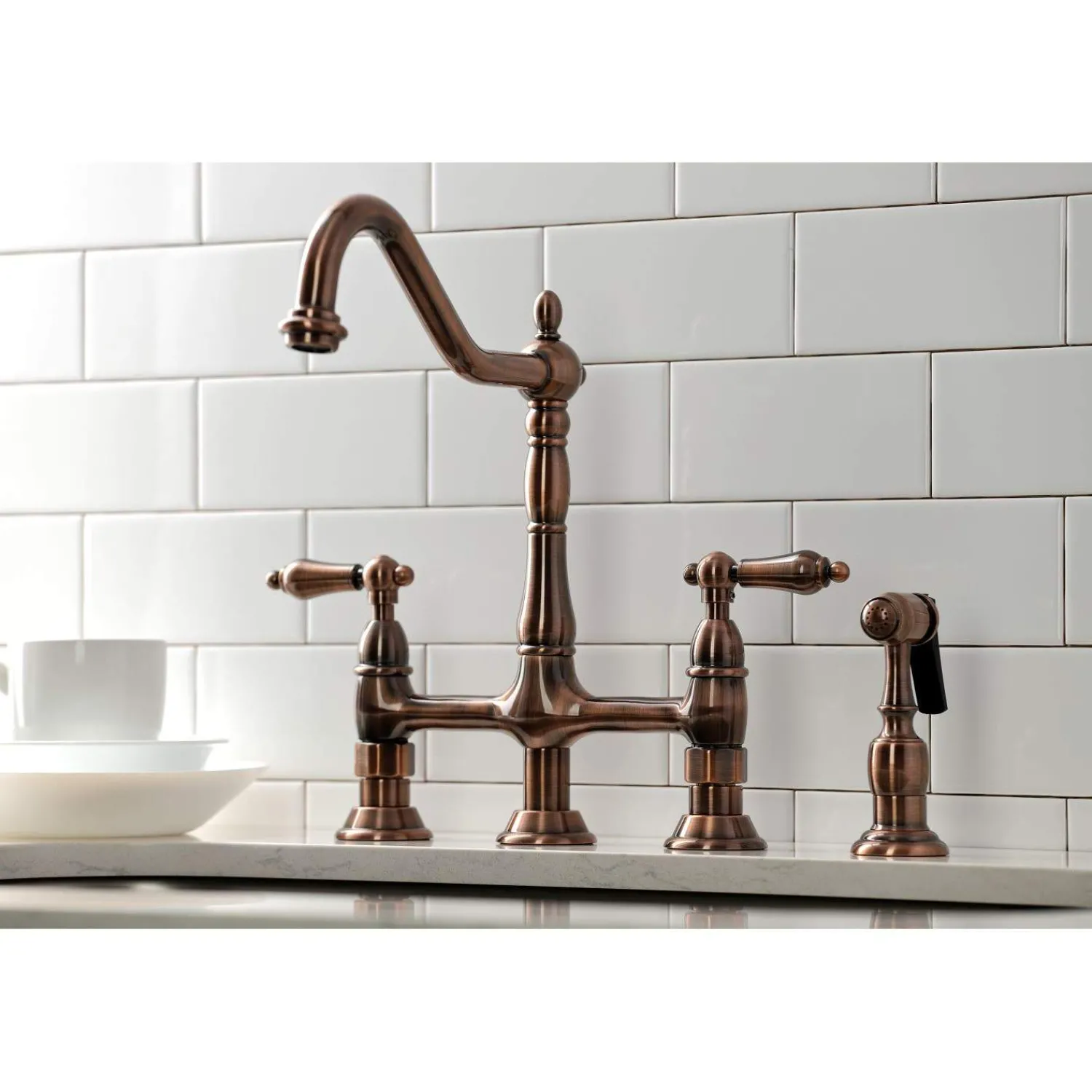 Online KS127ALBSAC Heritage Bridge Kitchen Faucet with Brass Sprayer, Antique Copper Bridge Faucets