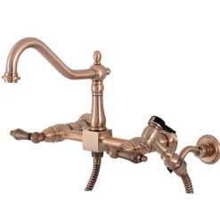 Sale KS124ALBSAC Heritage Two-Handle Wall Mount Bridge Kitchen Faucet with Brass Sprayer, Antique Copper Wall Mounted Kitchen Faucets