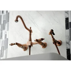 Sale KS124ALBSAC Heritage Two-Handle Wall Mount Bridge Kitchen Faucet with Brass Sprayer, Antique Copper Wall Mounted Kitchen Faucets