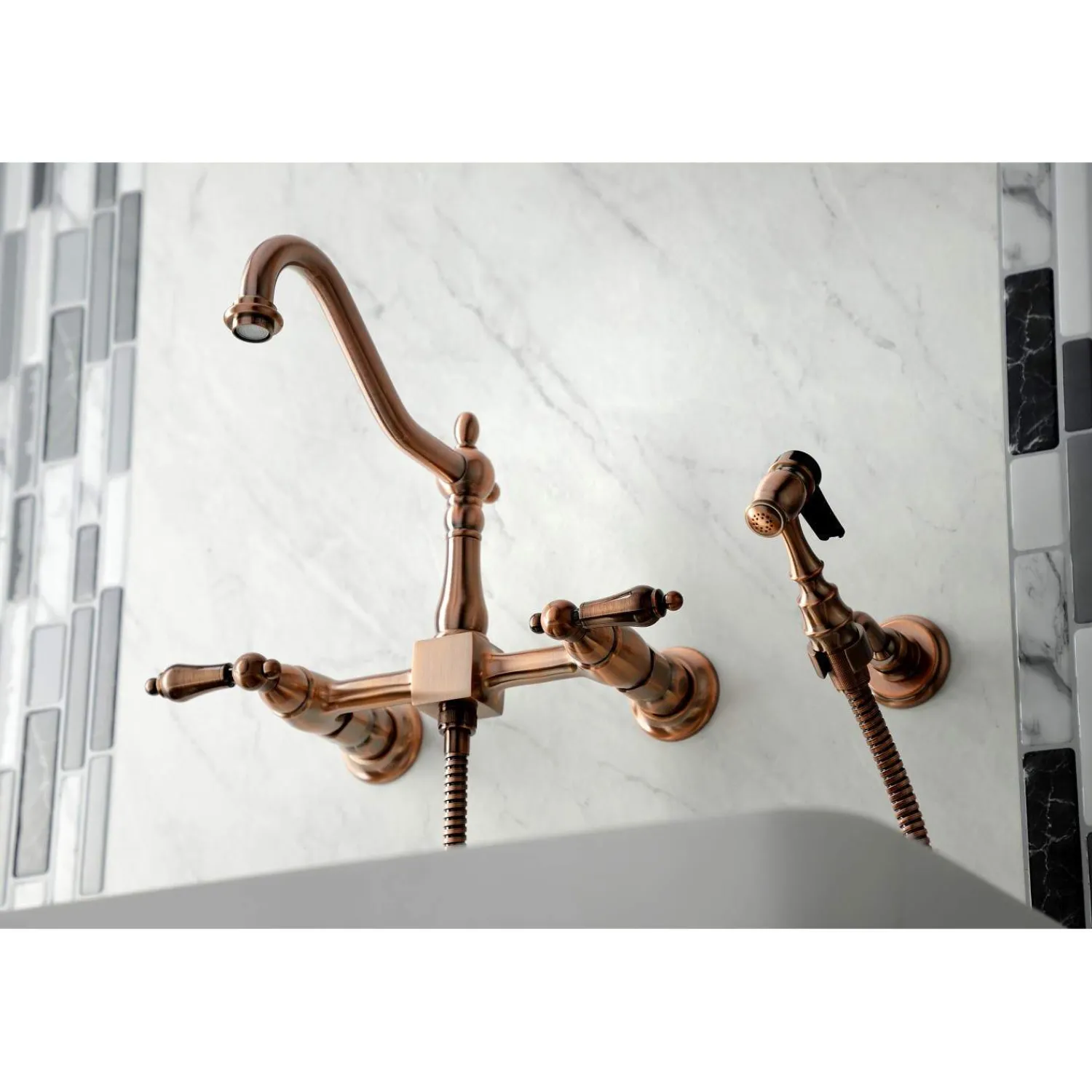 Sale KS124ALBSAC Heritage Two-Handle Wall Mount Bridge Kitchen Faucet with Brass Sprayer, Antique Copper Wall Mounted Kitchen Faucets