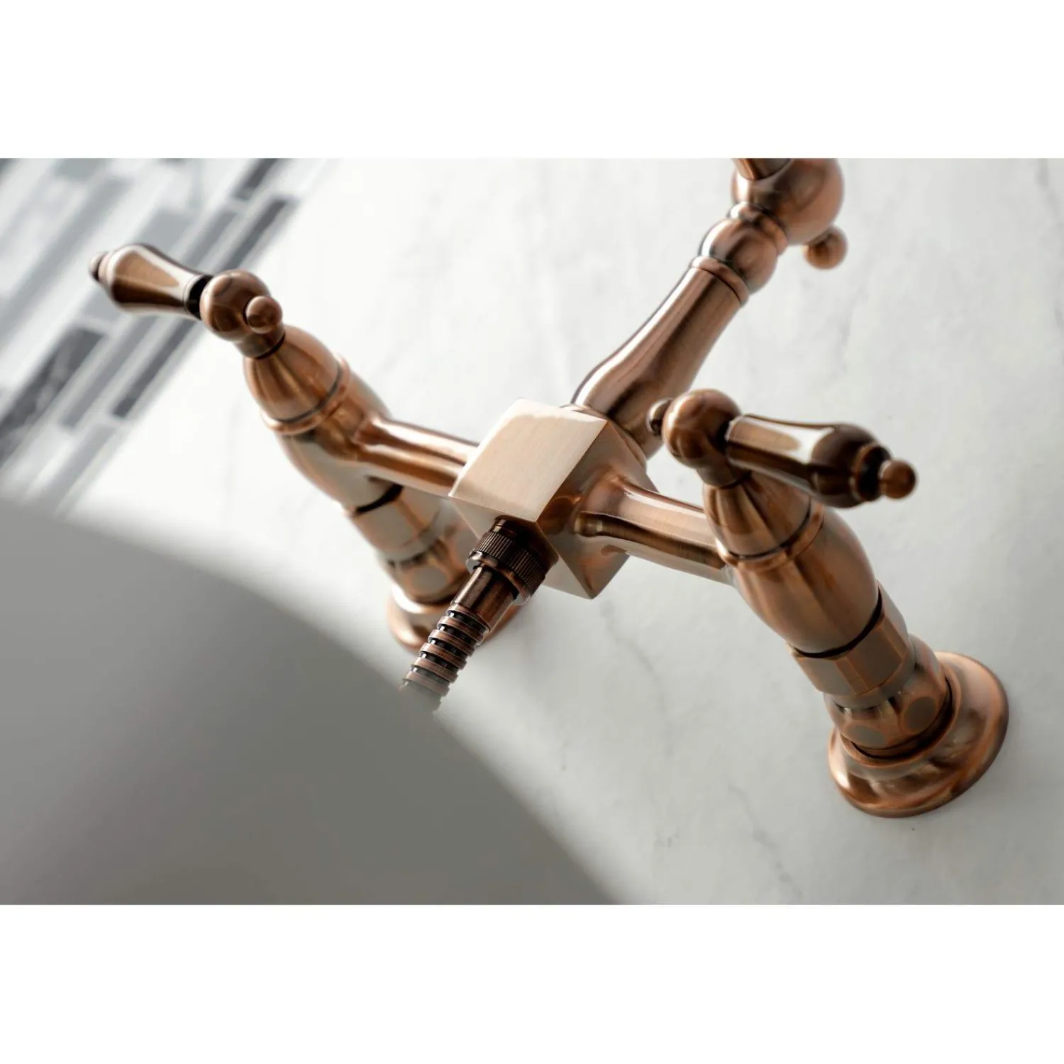Sale KS124ALBSAC Heritage Two-Handle Wall Mount Bridge Kitchen Faucet with Brass Sprayer, Antique Copper Wall Mounted Kitchen Faucets