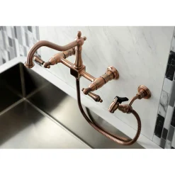 Sale KS124ALBSAC Heritage Two-Handle Wall Mount Bridge Kitchen Faucet with Brass Sprayer, Antique Copper Wall Mounted Kitchen Faucets