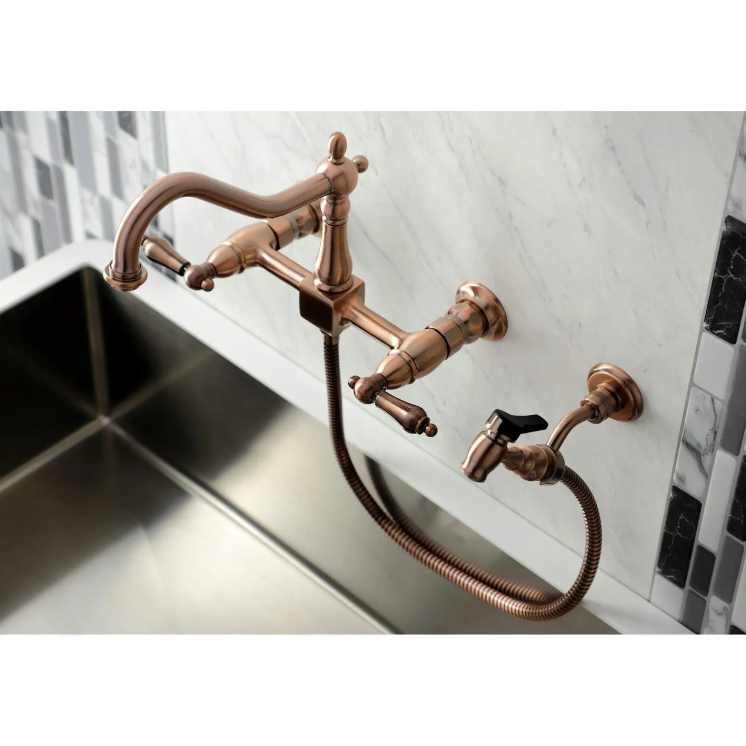 Sale KS124ALBSAC Heritage Two-Handle Wall Mount Bridge Kitchen Faucet with Brass Sprayer, Antique Copper Wall Mounted Kitchen Faucets