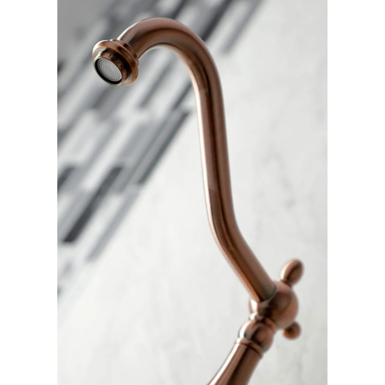 Sale KS124ALBSAC Heritage Two-Handle Wall Mount Bridge Kitchen Faucet with Brass Sprayer, Antique Copper Wall Mounted Kitchen Faucets