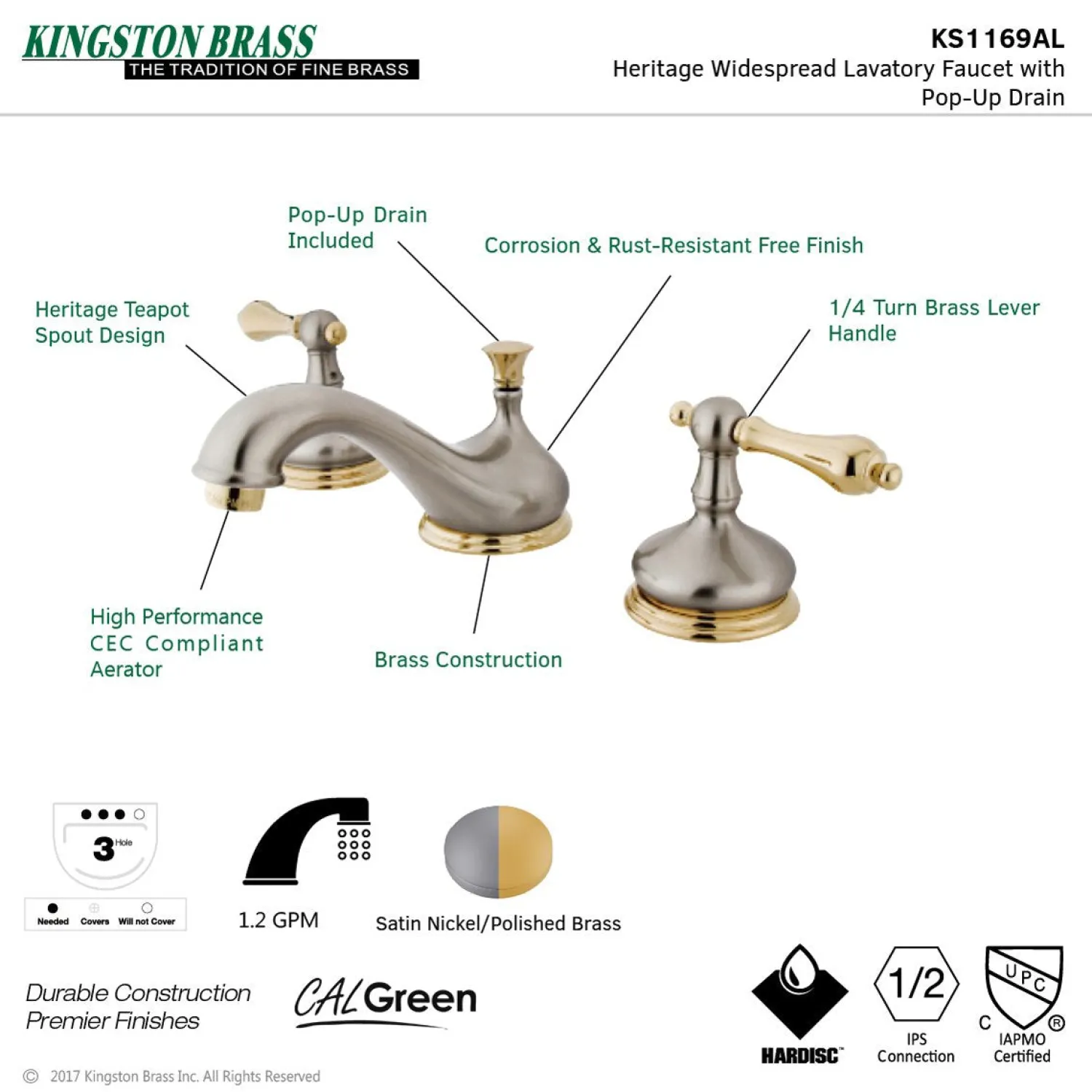 Outlet KS1169AL 8-Inch Widespread Bathroom Faucet in Brushed Nickel and Polished Brass 8" Widespread