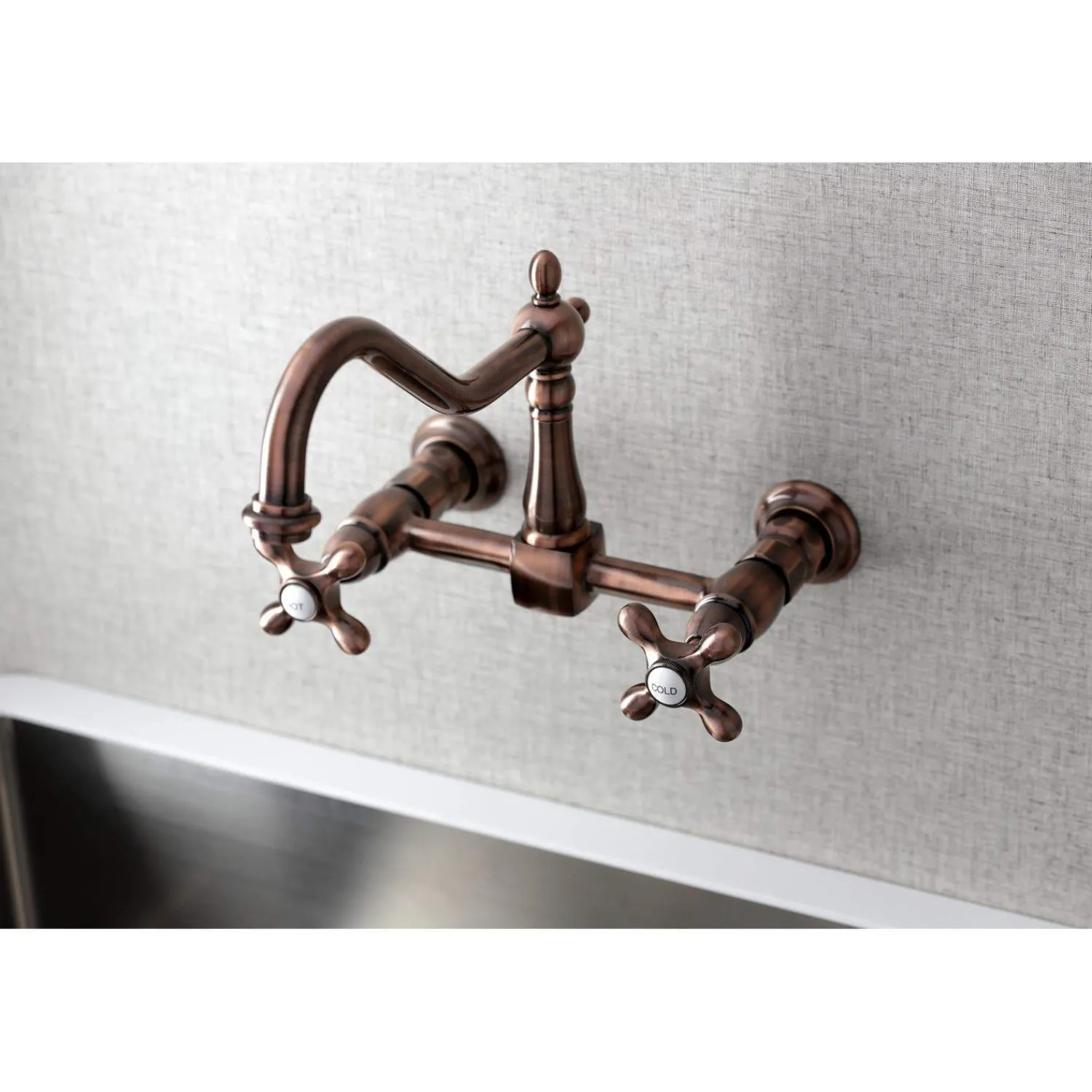 Outlet KS124AXAC Heritage Two-Handle Wall Mount Bridge Kitchen Faucet, Antique Copper Wall Mounted Kitchen Faucets