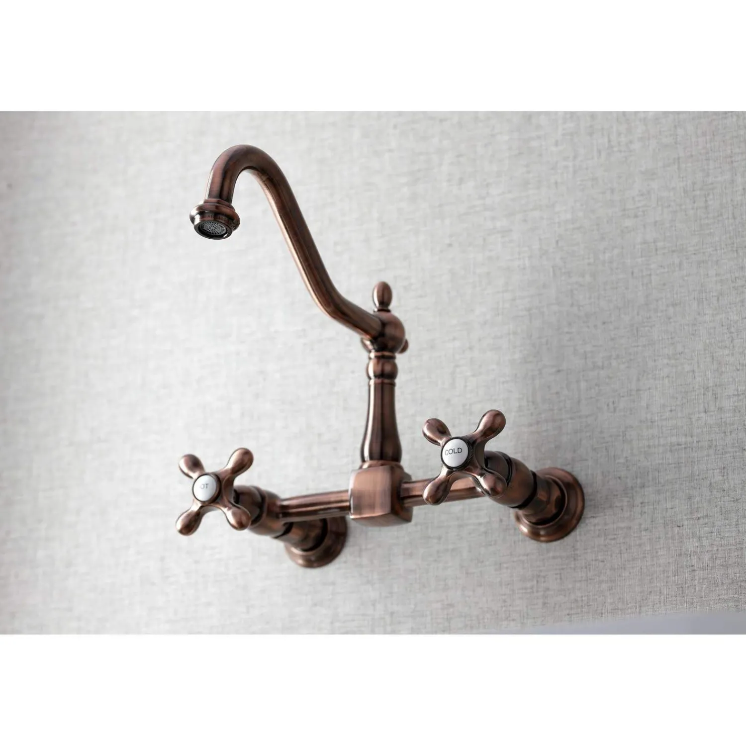 Outlet KS124AXAC Heritage Two-Handle Wall Mount Bridge Kitchen Faucet, Antique Copper Wall Mounted Kitchen Faucets