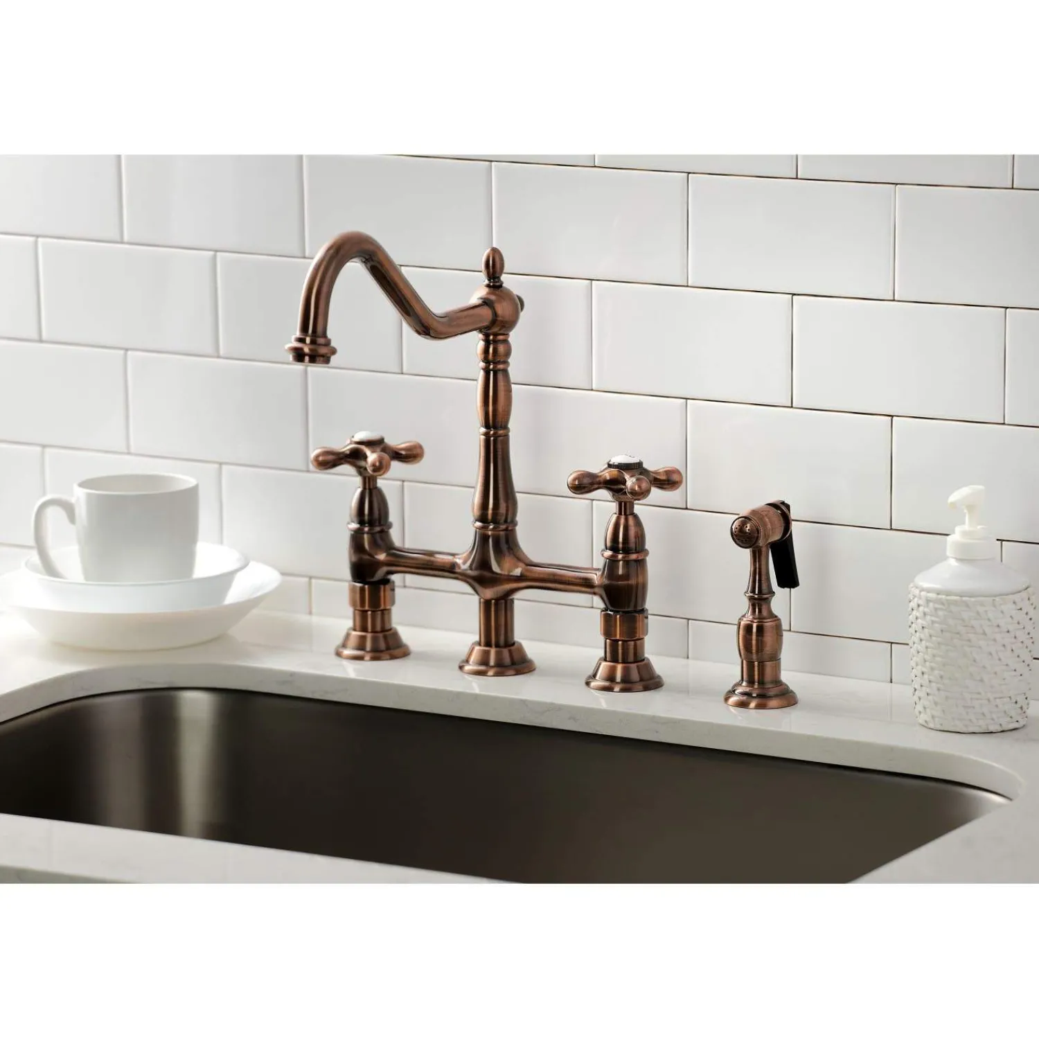 Discount KS127AXBSAC Heritage Bridge Kitchen Faucet with Brass Sprayer, Antique Copper Bridge Faucets