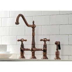 Discount KS127AXBSAC Heritage Bridge Kitchen Faucet with Brass Sprayer, Antique Copper Bridge Faucets