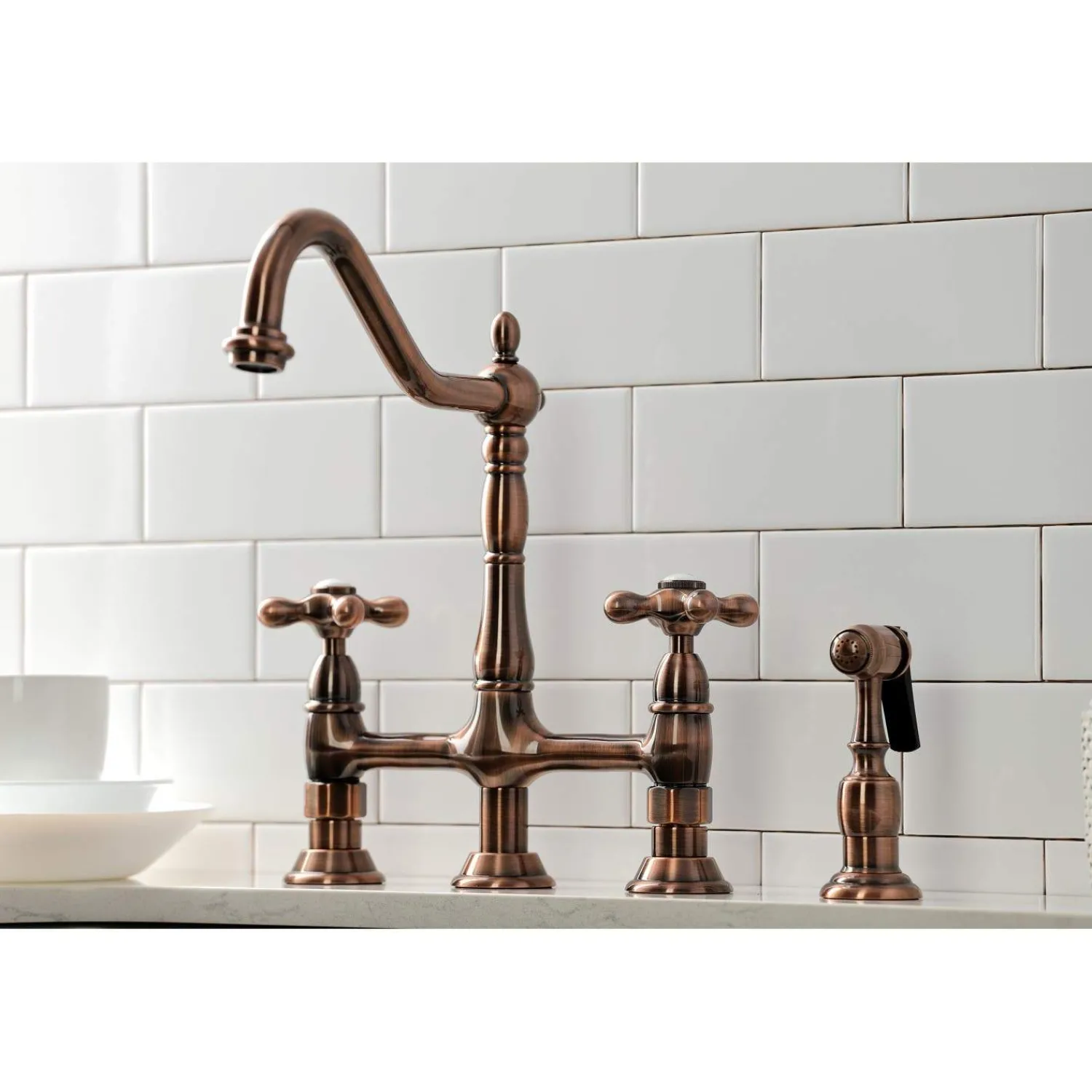 Discount KS127AXBSAC Heritage Bridge Kitchen Faucet with Brass Sprayer, Antique Copper Bridge Faucets