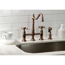 Discount KS127AXBSAC Heritage Bridge Kitchen Faucet with Brass Sprayer, Antique Copper Bridge Faucets