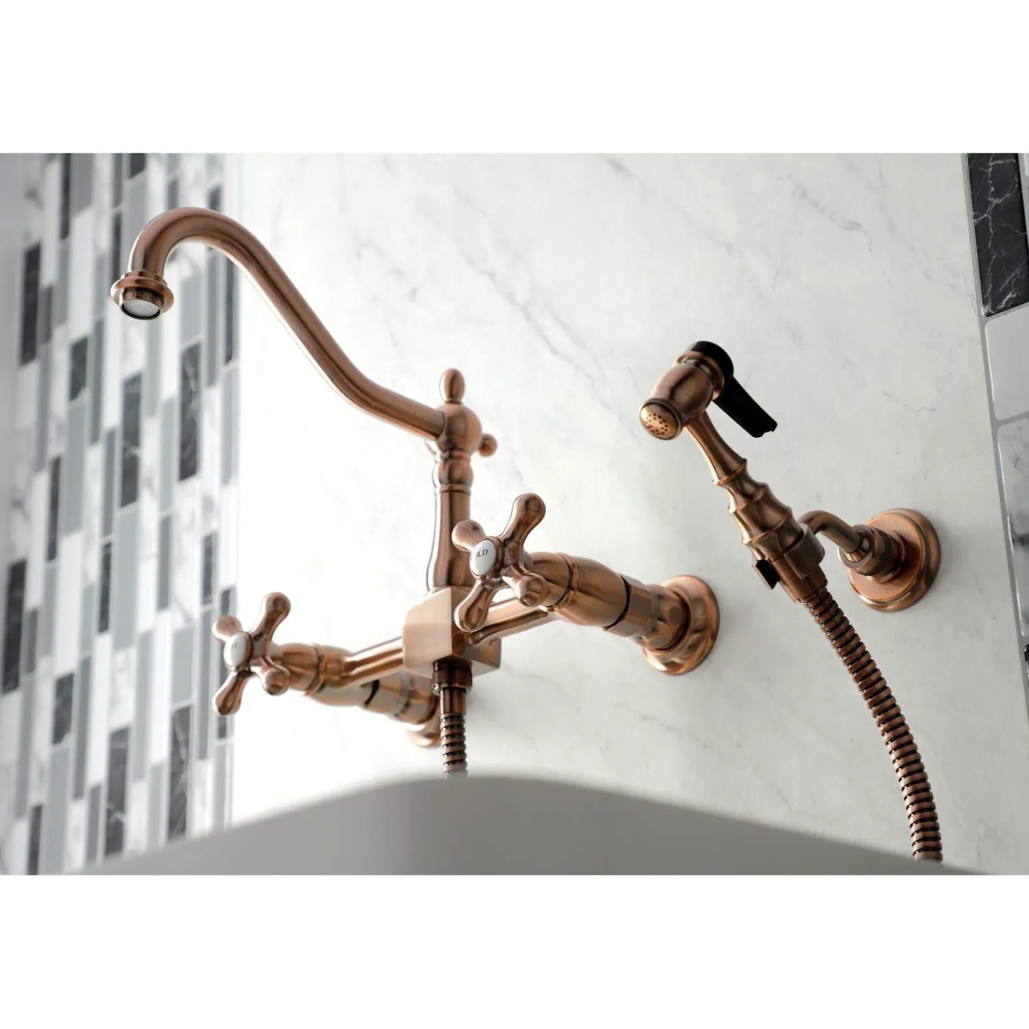 Clearance KS124AXBSAC Heritage Two-Handle Wall Mount Bridge Kitchen Faucet with Brass Sprayer, Antique Copper Wall Mounted Kitchen Faucets