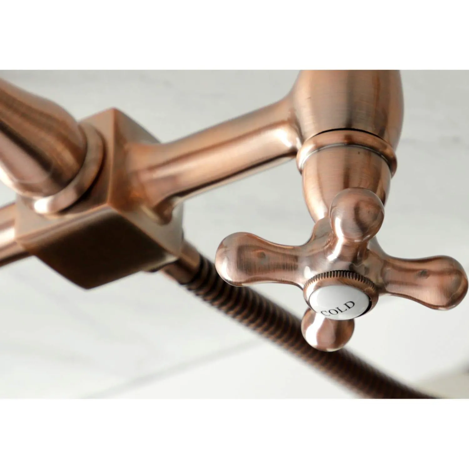 Clearance KS124AXBSAC Heritage Two-Handle Wall Mount Bridge Kitchen Faucet with Brass Sprayer, Antique Copper Wall Mounted Kitchen Faucets